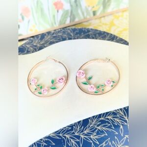 Large Gold Tone Hoop Earrings Pink Rose Floral Enamel Statement Boho 2.5”
